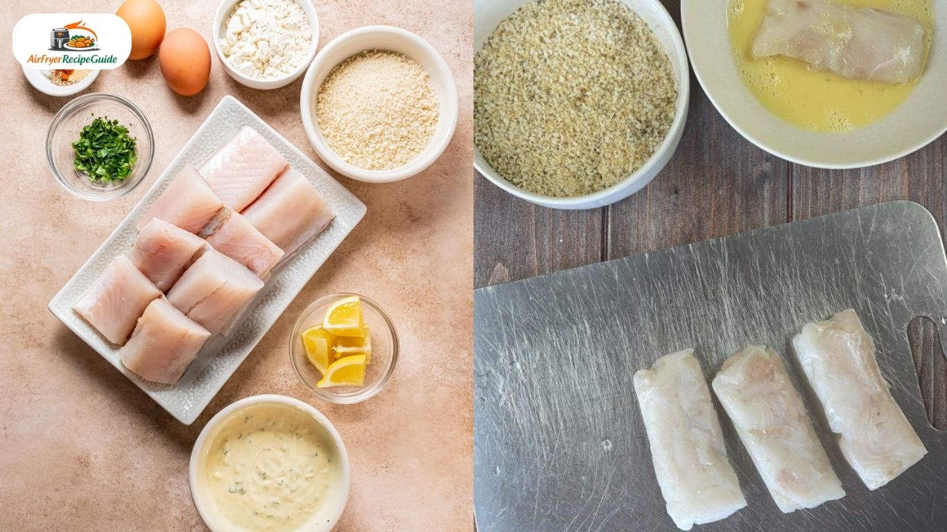 Ingredients for air fryer walleye recipe arranged on kitchen table