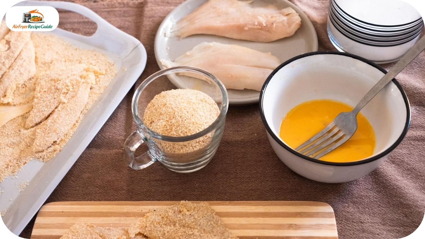 Fish fillets breadcrumbs eggs flour and seasonings arranged on countertop
