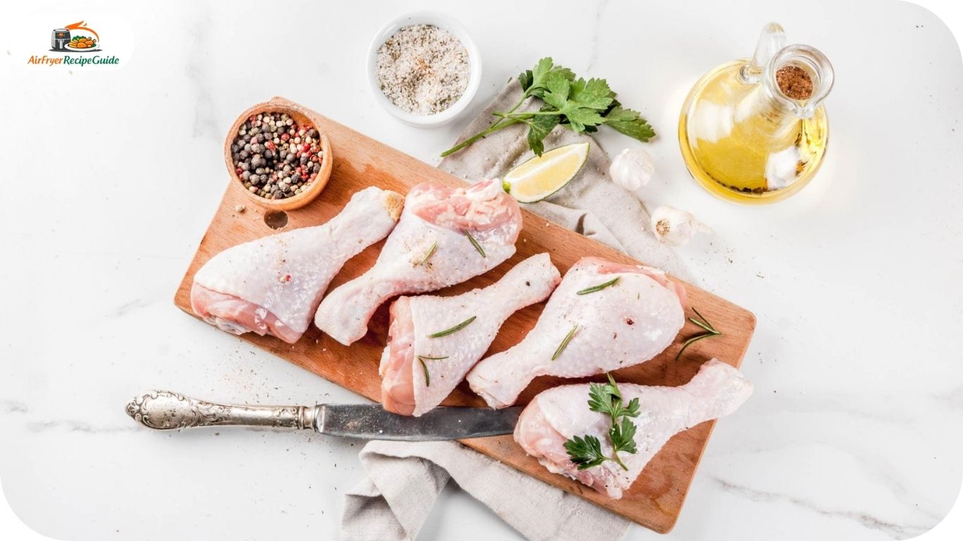Ingredients for air fryer chicken drumsticks arranged on a marble countertop