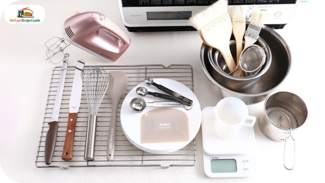 Air fryer baking tools including bowl measuring cups and cooling rack