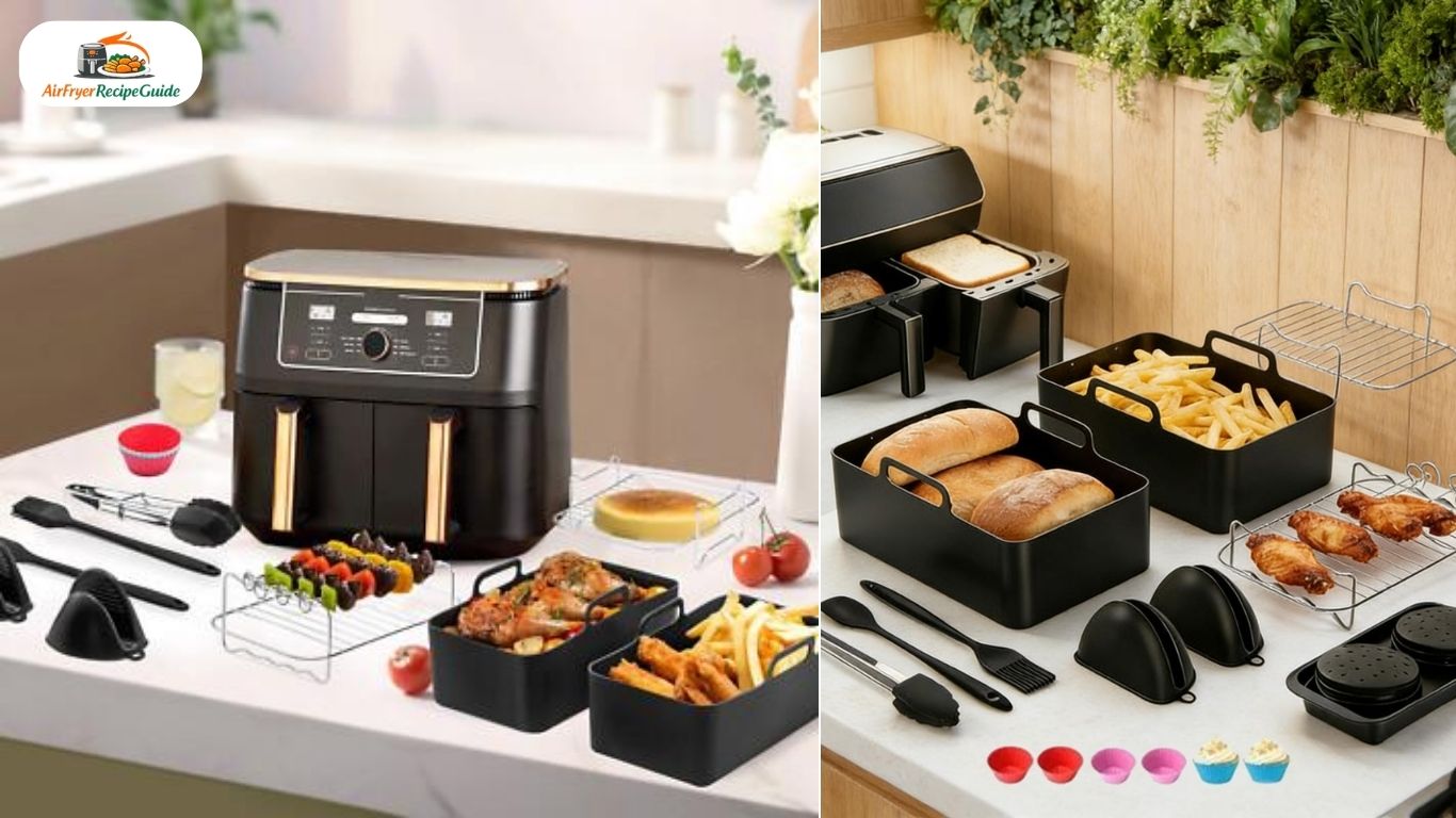 Air fryer bowls tongs and cutting board for onion rings recipe
