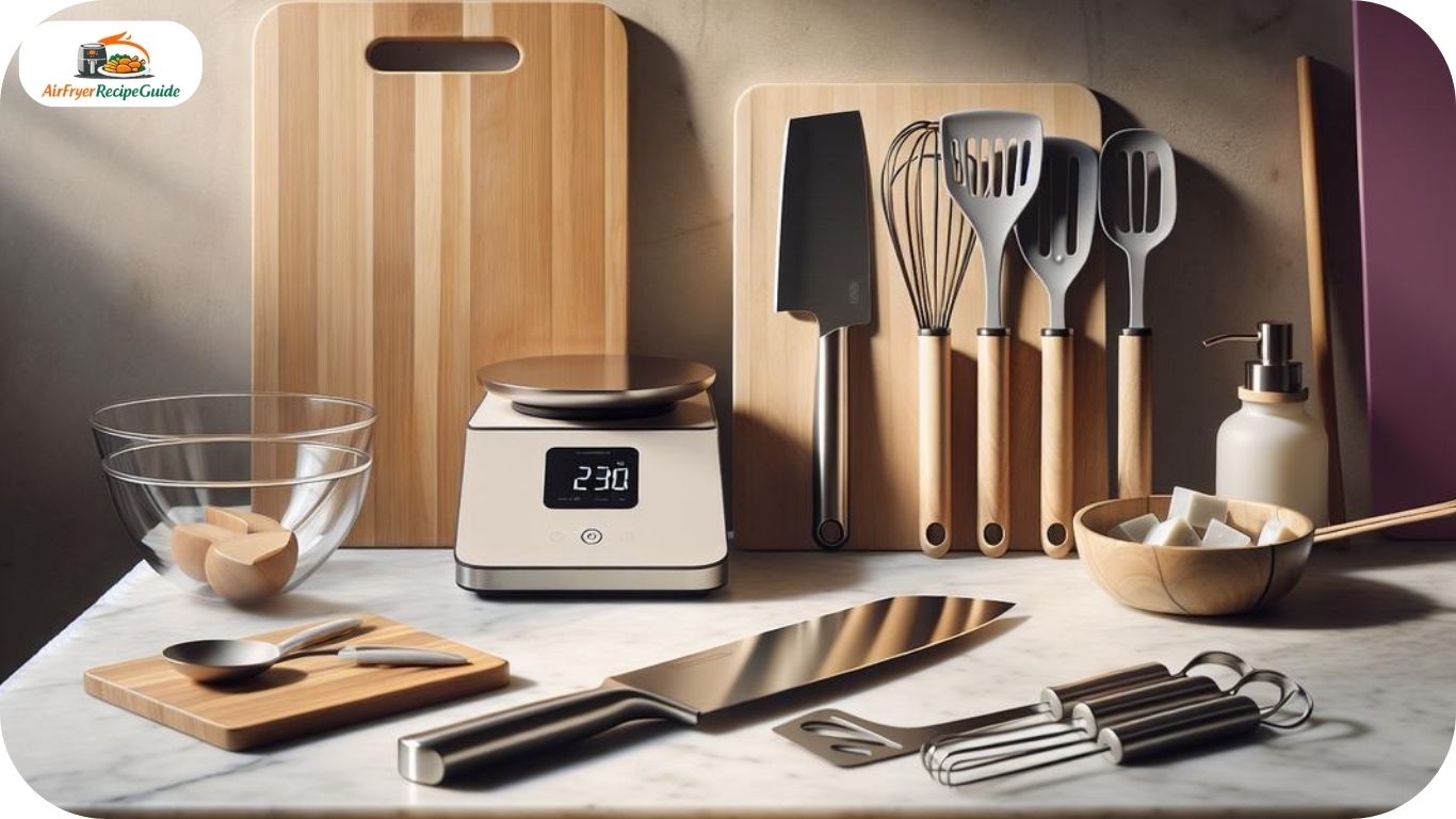 Air fryer with tongs thermometer and mixing bowl arranged on kitchen counter