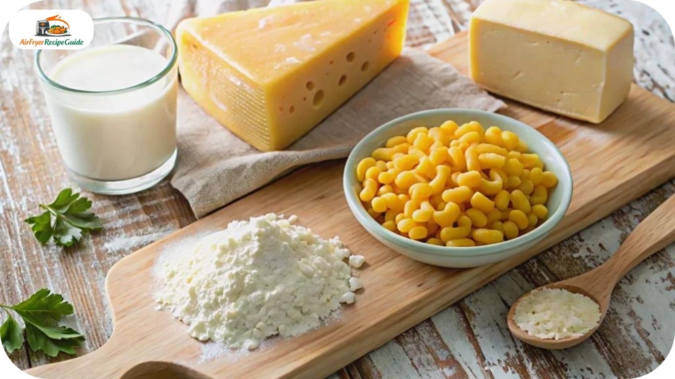 Mac and cheese ingredients arranged on kitchen counter