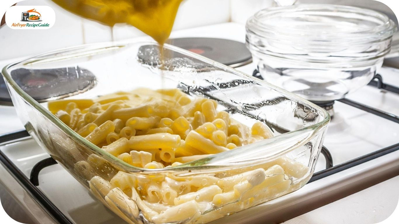 Macaroni coated in cheese sauce in baking dish