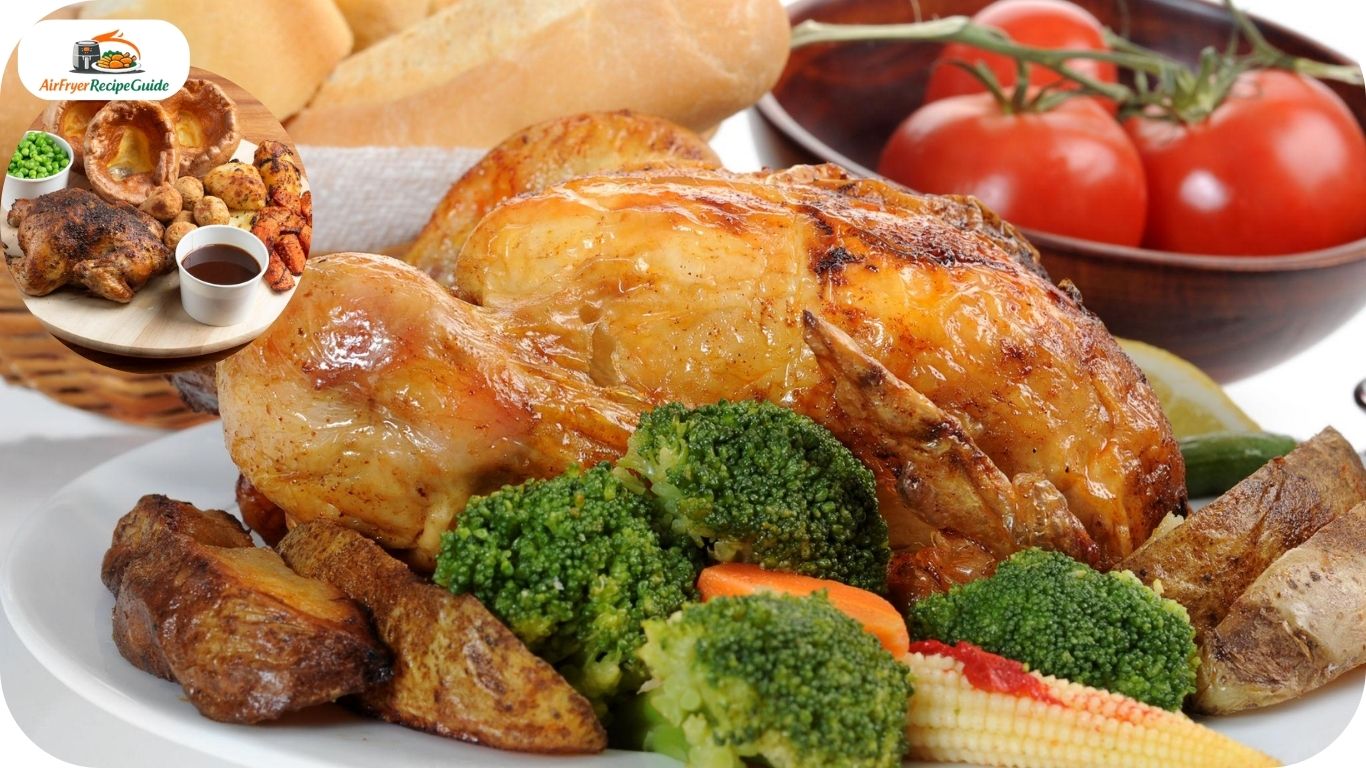 Whole chicken served with mashed potatoes vegetables and salad