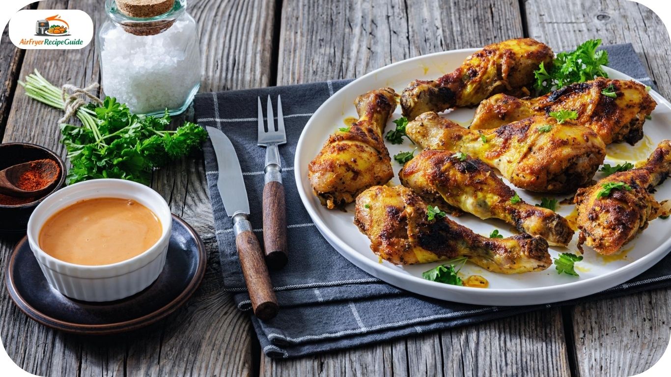 Golden crispy air fryer chicken drumsticks served with dipping sauce