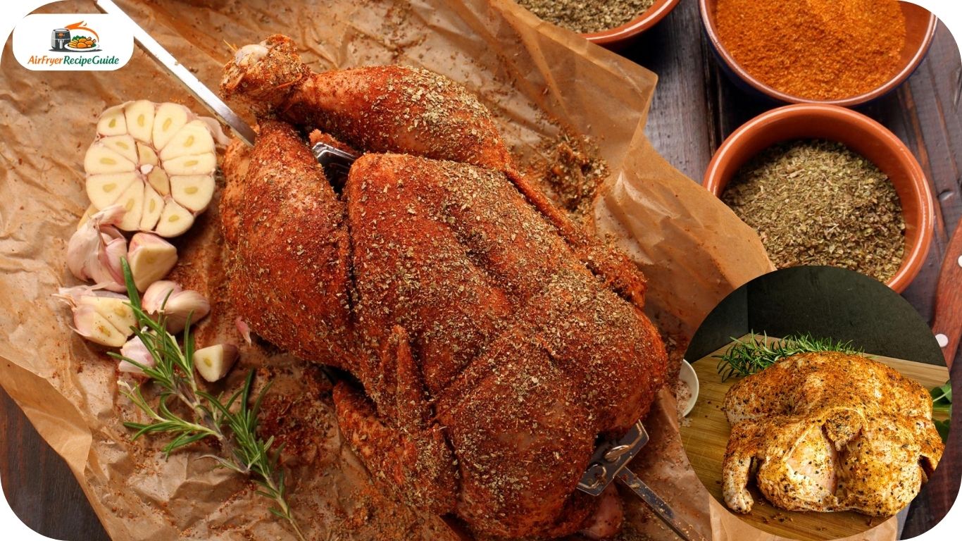 Raw whole chicken being seasoned with spices