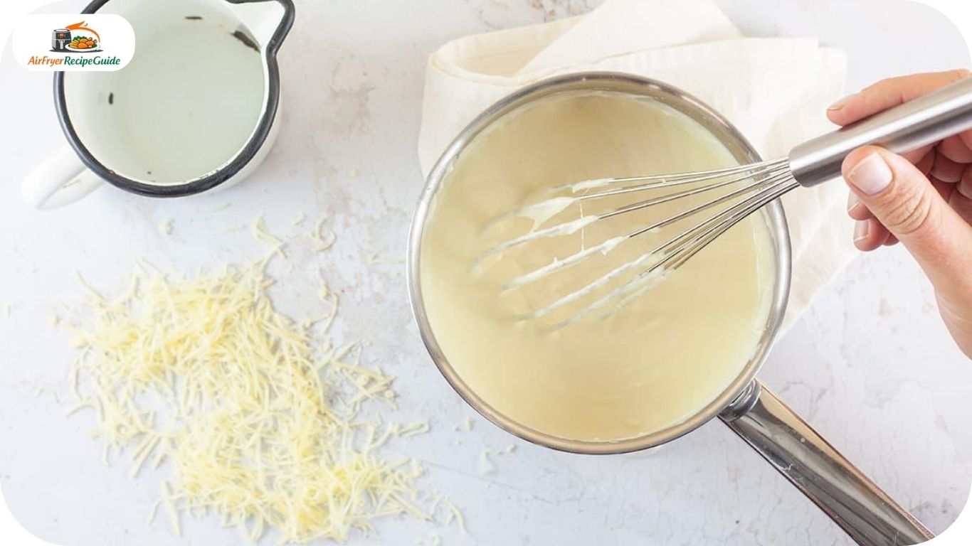 Cheese sauce being whisked in saucepan
