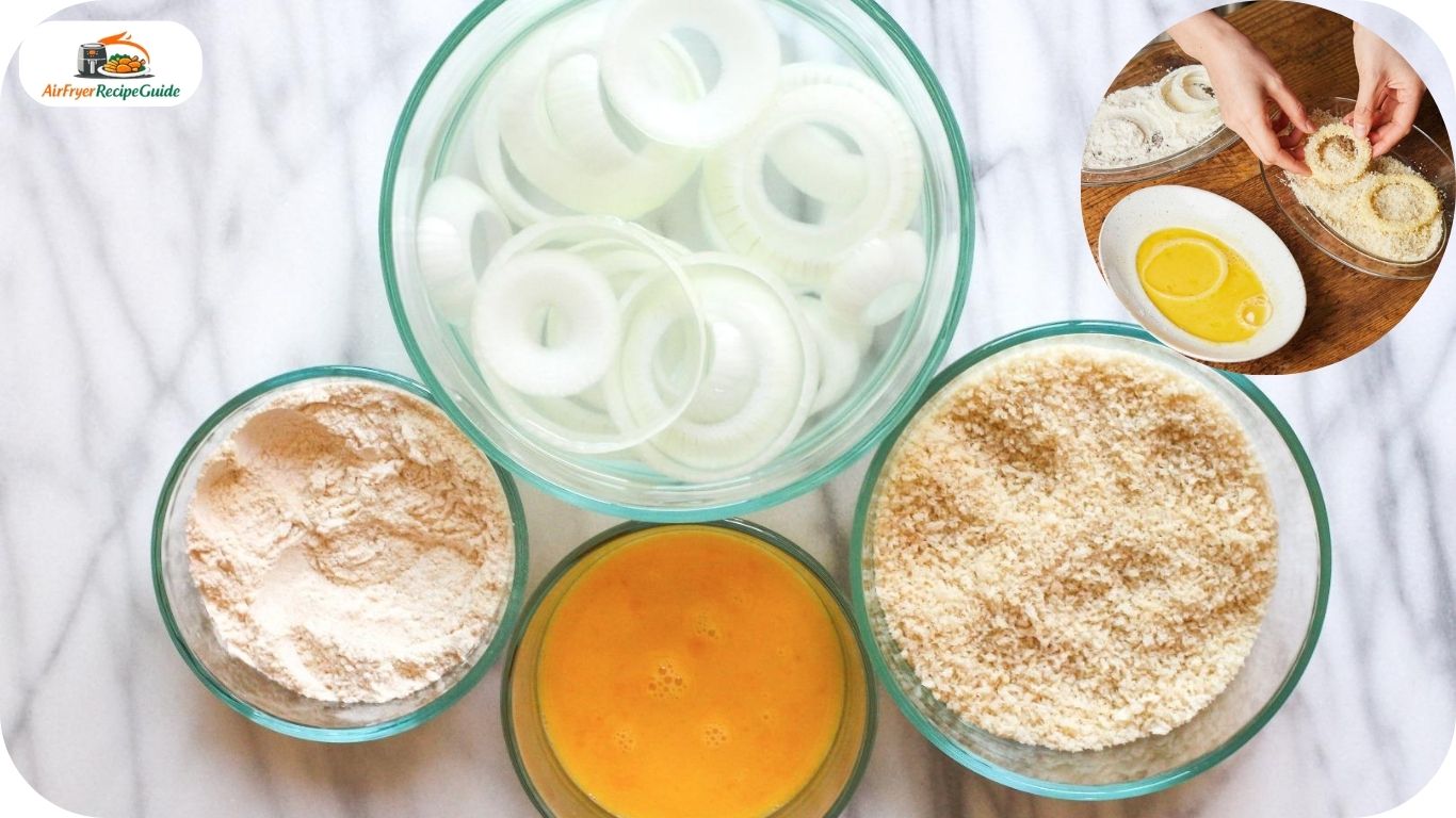 Three bowl breading station with flour eggs and breadcrumbs