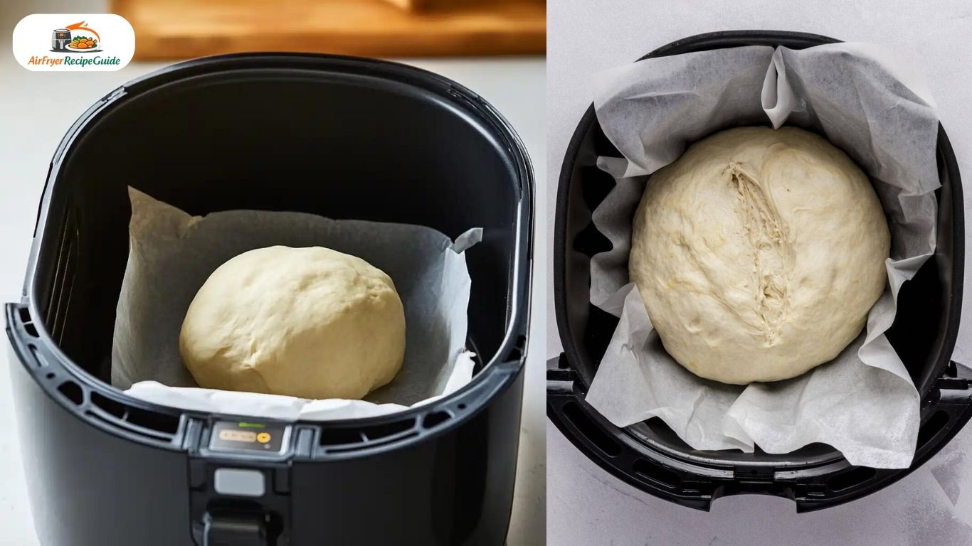 Bread dough inside air fryer basket before baking