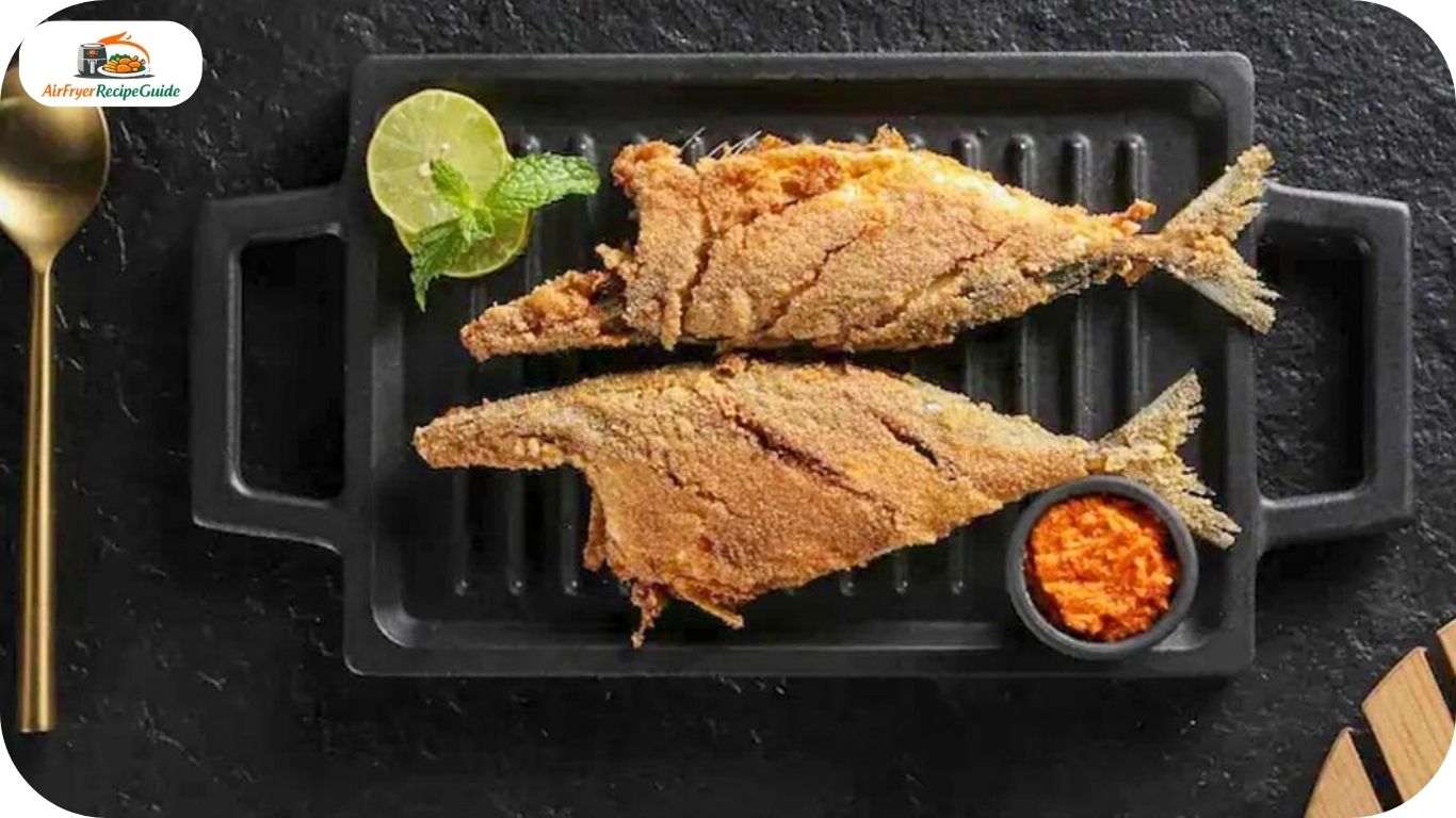 Beautifully plated crispy fish fillets with lemon wedges and dipping sauce