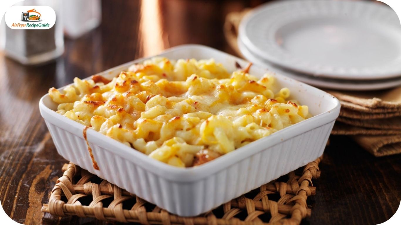 Freshly baked mac and cheese with crispy crust