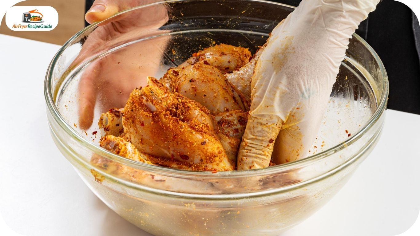 Raw chicken drumsticks coated with seasoning in a mixing bowl