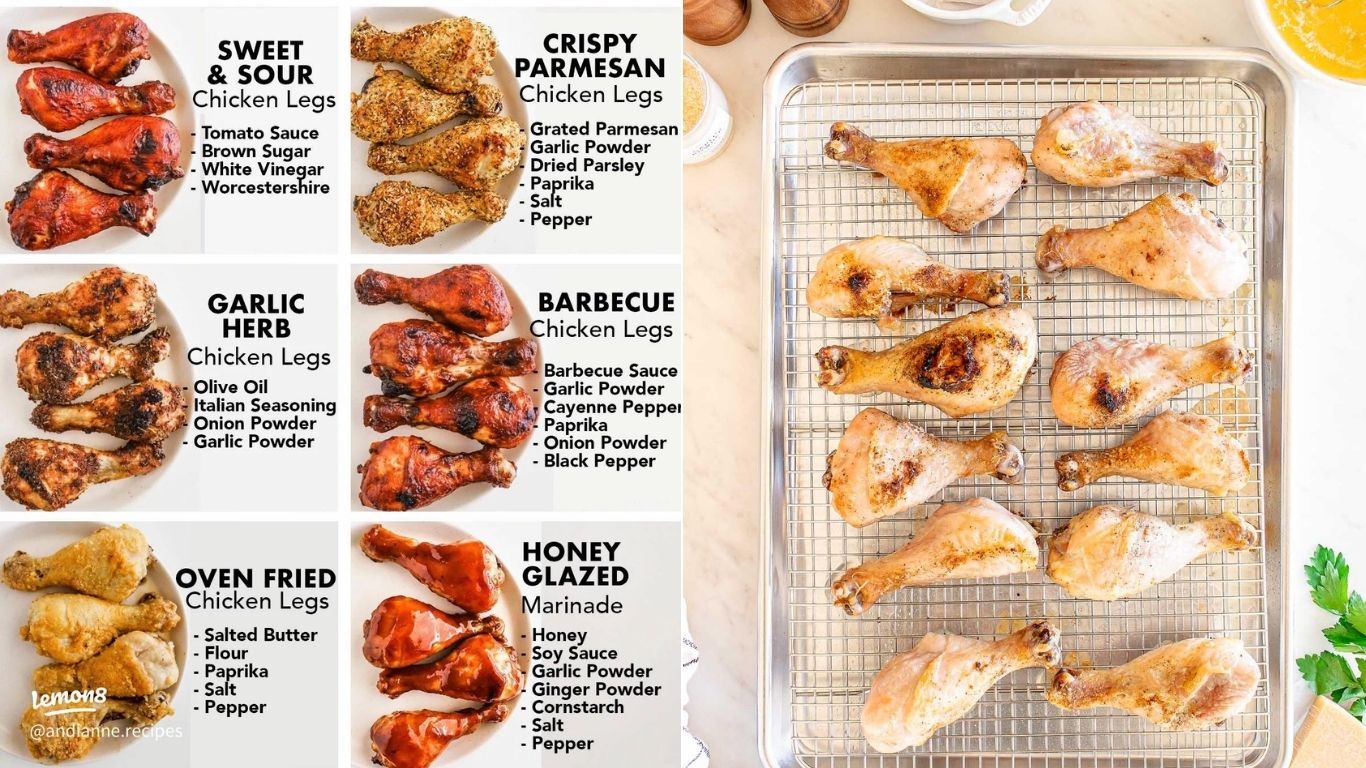 Collage showing six different flavored air fryer chicken drumsticks