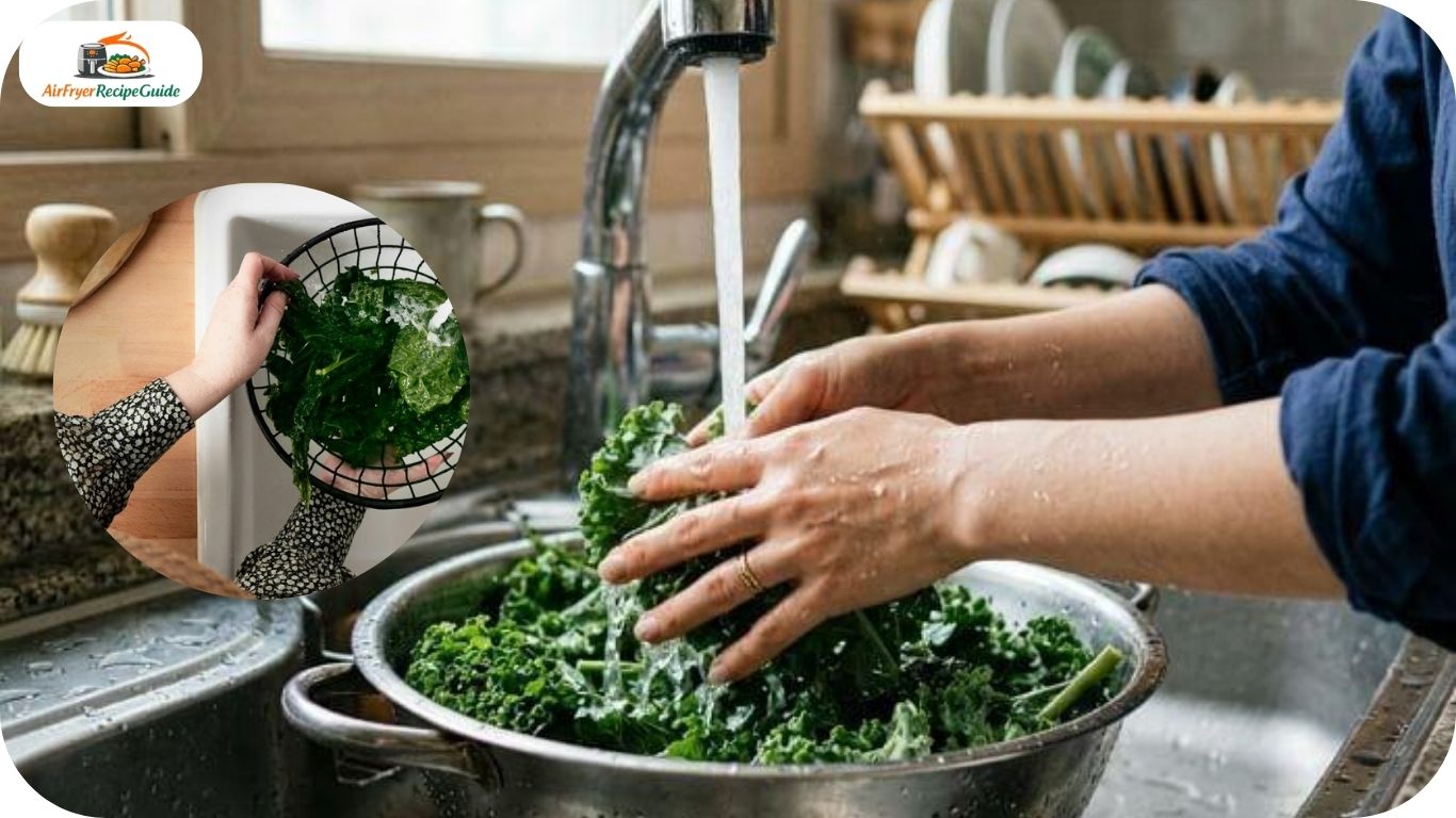 Washing fresh kale leaves before air frying