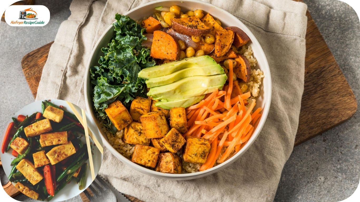 Healthy air fryer tofu meal prep bowls with vegetables