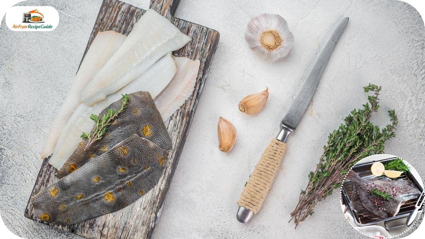 Fresh flounder fillets on cutting board with herbs