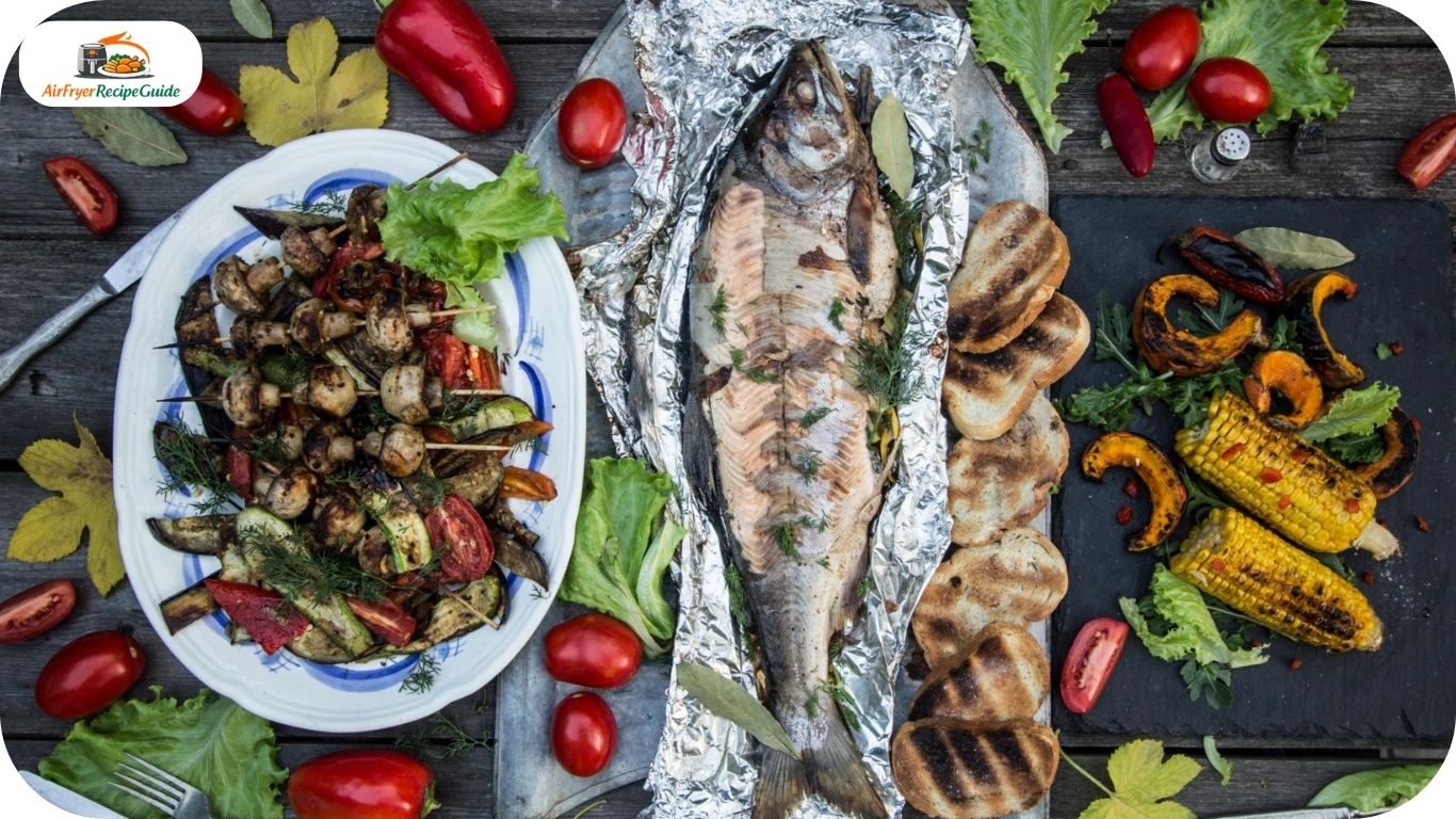 Healthy air fryer fish meal with vegetables