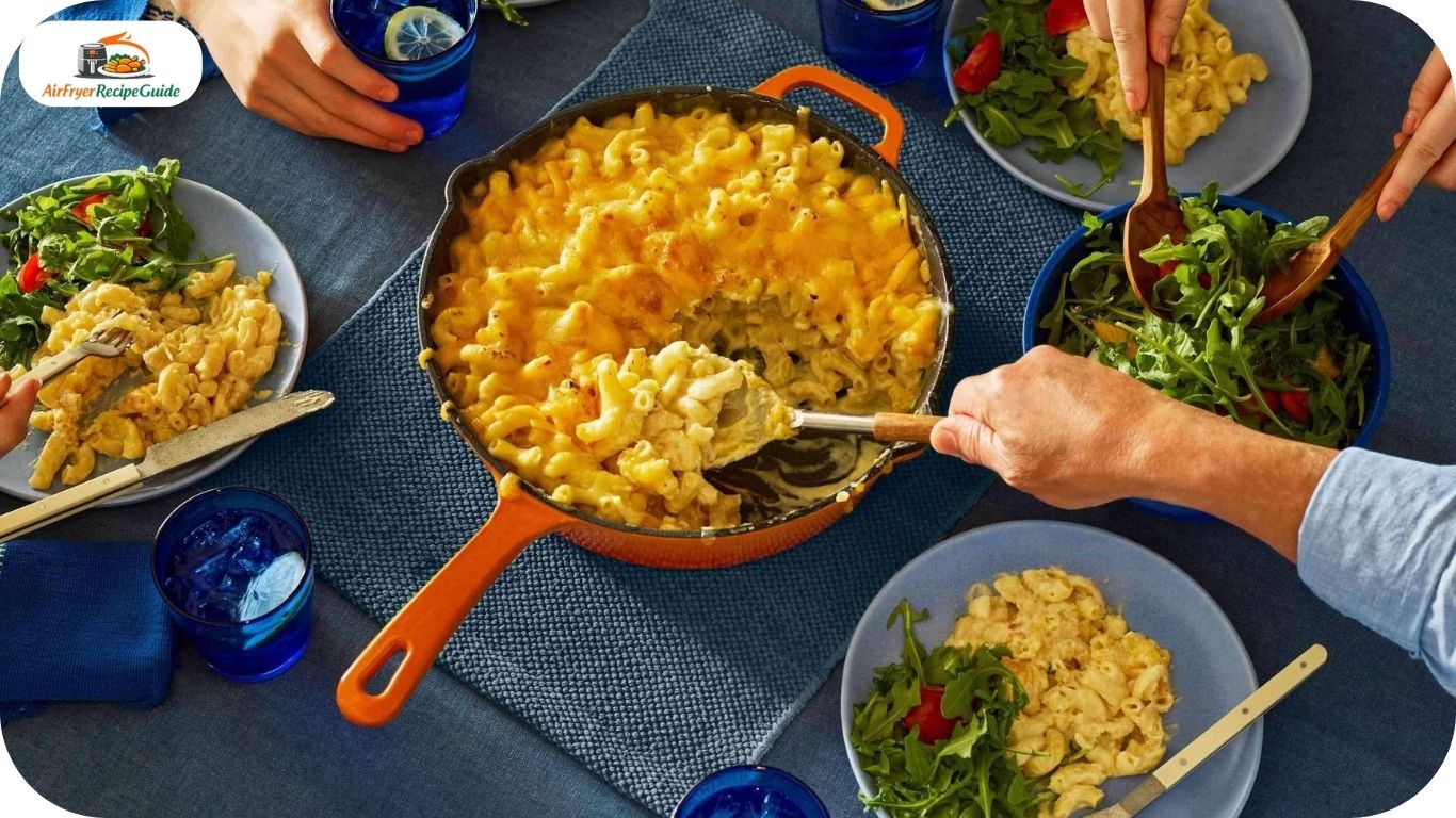 Cheesy mac and cheese scoop showing creamy texture