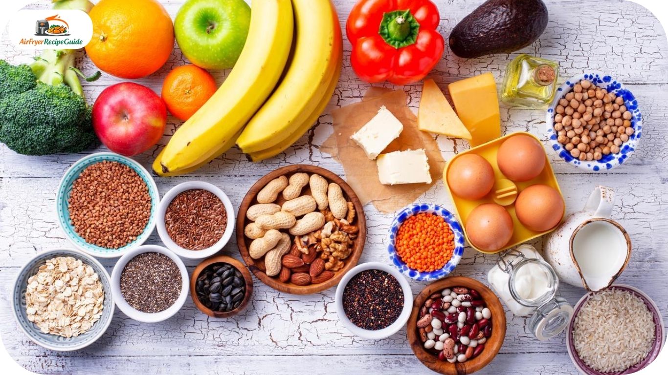 Air fryer surrounded by breakfast ingredients on kitchen counter