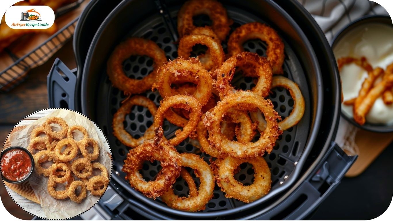 Golden crispy onion rings stacked on plate with dipping sauce