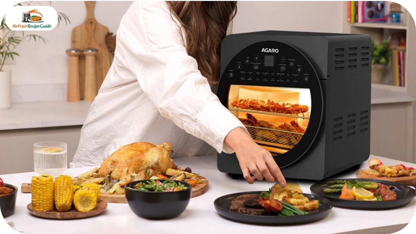 Family enjoying air fryer meals at dinner table