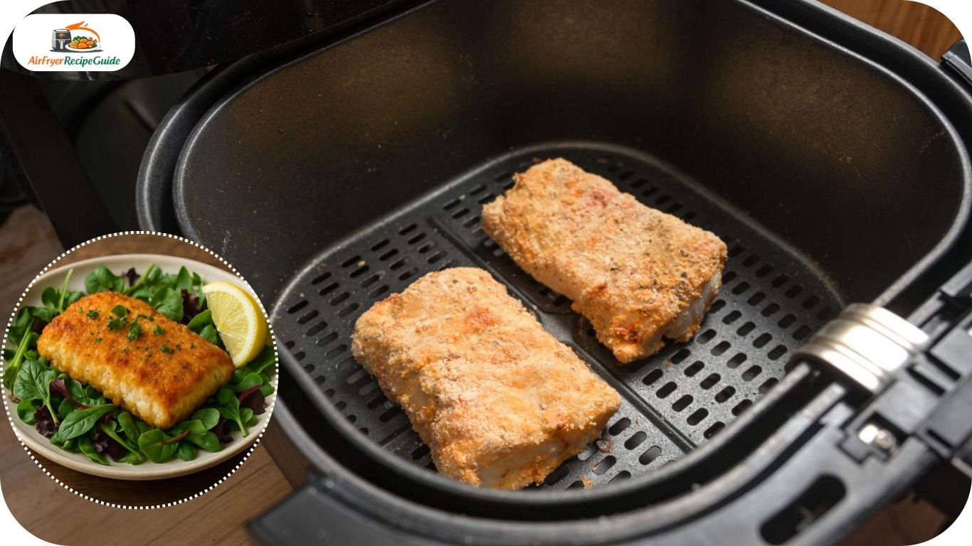 Healthy air fryer cod dinner served with vegetables on a family dining table.