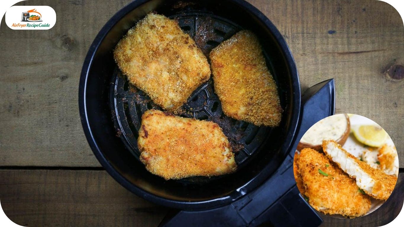 Golden crispy fish fillets next to air fryer showing healthy cooking method