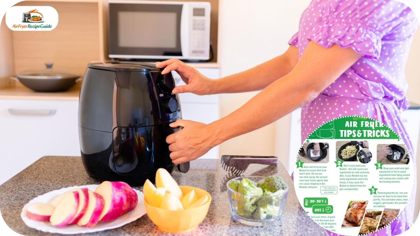 Air fryer basket with cooking temperature guide and food