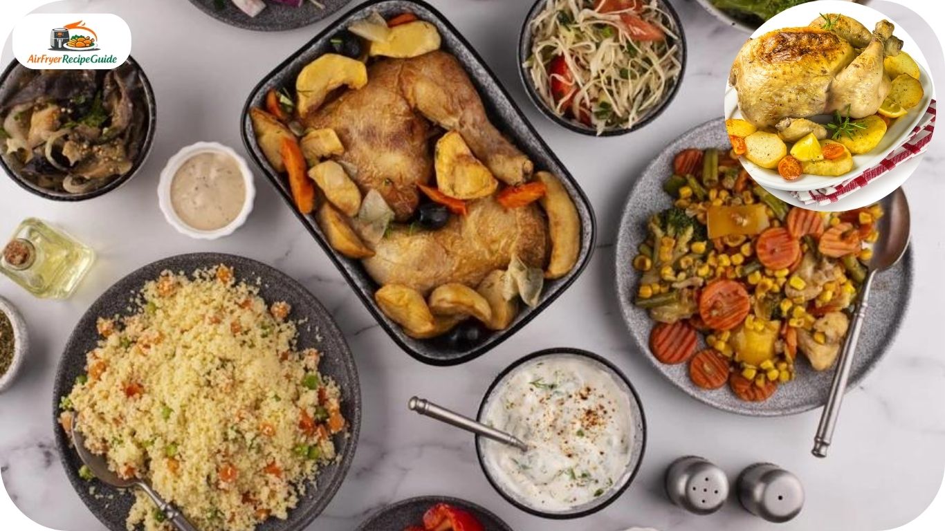 Family enjoying roasted chicken dinner at dining table