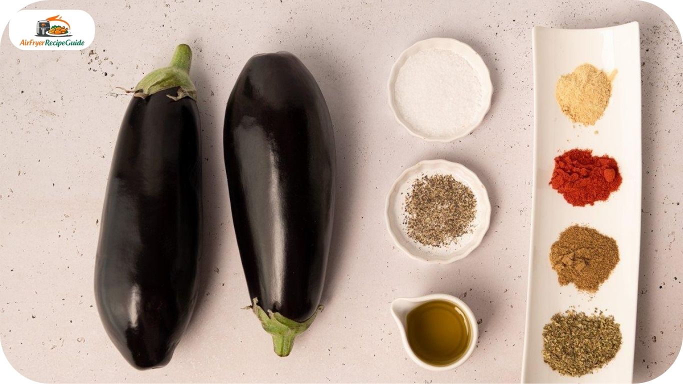 Eggplant and seasonings arranged on a kitchen counter for air fryer recipe